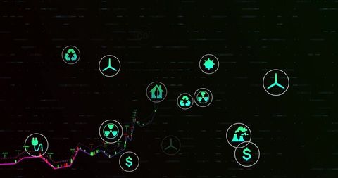 Rising financial graph with eco and finance icons on digital dashboard