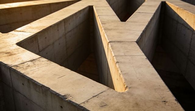 Concrete Rooftop Geometry Casting Strong Shadows, Triangular Voids and Formwork Texture