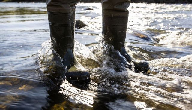 Waders and rubber boots standing in sunlit shallow river with splashing water and rocks