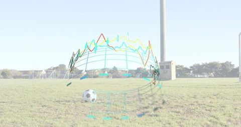 Floating holographic multicolored analytics graph circling soccer ball on sports field