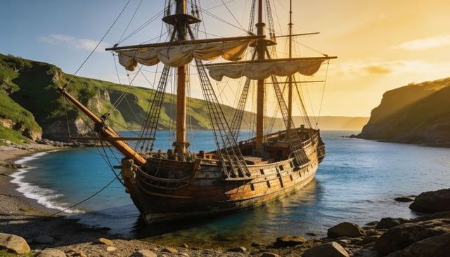 Sunlit wooden three-masted ship resting in turquoise cove with furled sails at sunset