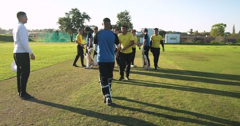 Diverse Cricket Team Shaking Hands on Pitch Post-Game