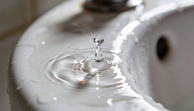 Macro water droplet rising on ceramic sink rim with concentric ripples and reflections