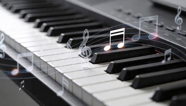 Digital piano keyboard with floating musical notes and treble clef, glossy keys diagonal