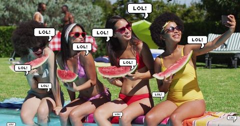 Friends having fun by pool with digital social media elements