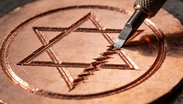 Engraving copper medallion star of david with chisel cutting jagged groove, macro metalwork detail
