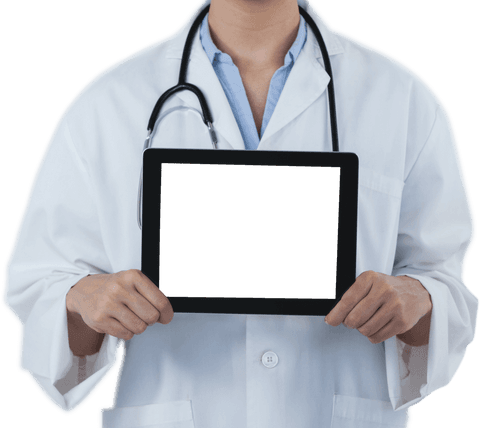 Doctor holding transparent digital tablet for medical use