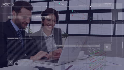 Business Professionals Analyzing Data with Futuristic Interface