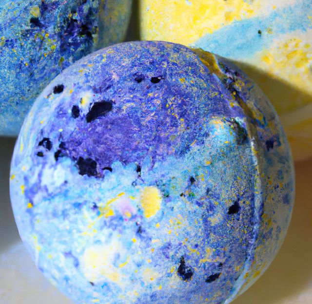 Vibrant bath bombs with intricate blue, yellow, and purple swirls, captured in a detailed close-up. Ideal for promotions related to spa treatments, relaxation products, self-care routines, and luxury home baths. Can be used in blogs about homemade bath products, wellness tips, and aromatherapy guides.