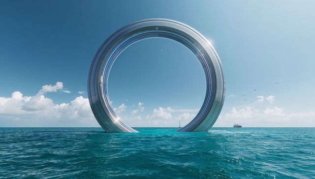 Rising chrome ring dominating ocean horizon reflecting sunlight futuristic portal sculpture