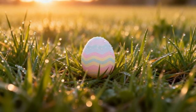 Pastel easter egg resting in dewy grass at sunrise glowing with warm morning bokeh