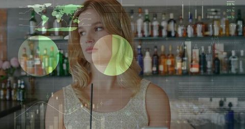 Contemplating woman drinking through straw at bar with data visualization overlays