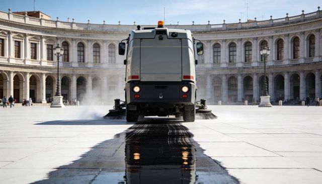 Street sweeper cleaning neoclassical plaza, leaving reflective wet trail on smooth pavement