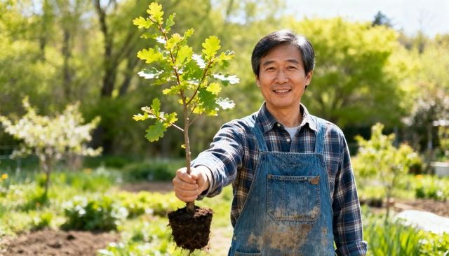 Smiling gardener holding young tree sapling in denim overalls for backyard planting
