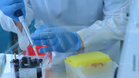 Scientist Conducting Experiment with DNA Overlay