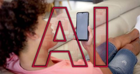 Reclining man holding smartphone on beige sofa with bold ai overlay for tech lifestyle