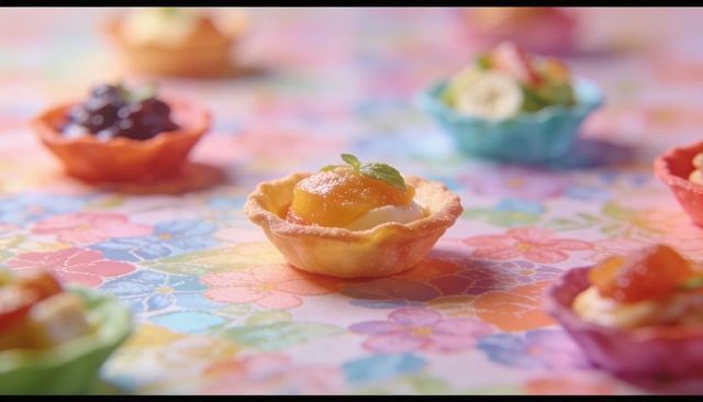 Mini apricot custard tartlets on pastel floral surface for party dessert and menu
