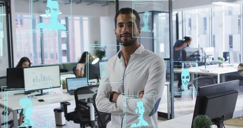 Tech-Savvy Professional with Biometric Data Overlay in Modern Office - Download Free Stock Images Pikwizard.com