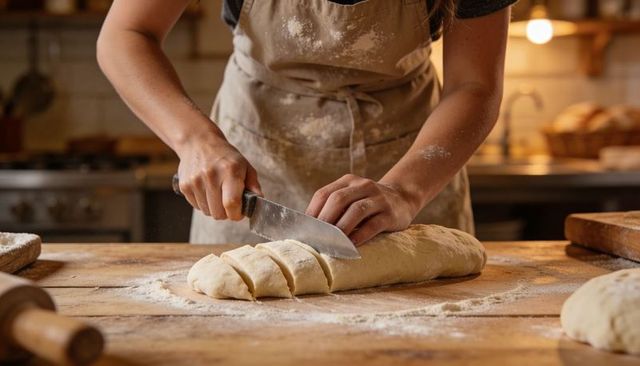 Baker Slicing Dough on Wooden Counter Wearing Floured Apron Rustic Artisan Breadmaking