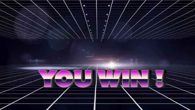 Neon grid background with retro futuristic 'You Win' text indicating victory or achievement. Ideal for gaming promotions, video game victory screens, digital signage, retro-themed projects, and advertising material with an 80s vibe.