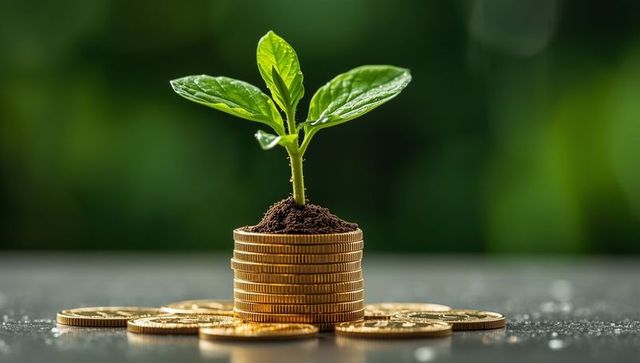 Young Green Plant Grows on Stack of Golden Coins Investments Nature