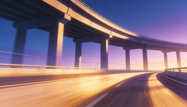Curving elevated highway ramp with golden light streaks at sunrise, concrete pillars