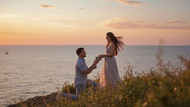 Sunset cliffside proposal kneeling man offering ring box to woman in flowing dress