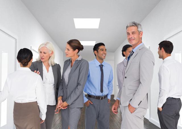 Group of businesspeople standing in corridor at office