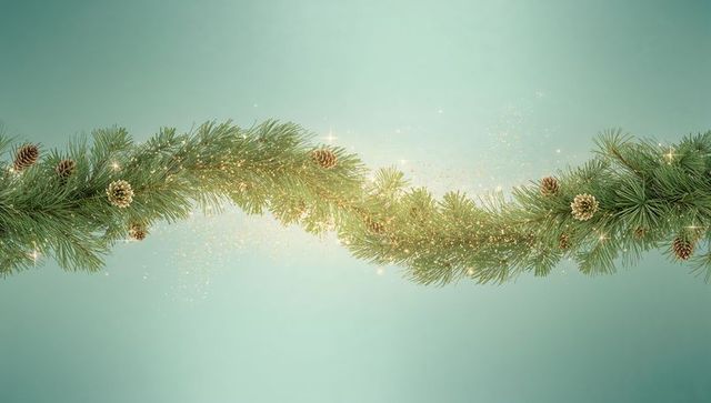 Sparkling pine garland sweeping across teal gradient backdrop with gold glitter accents