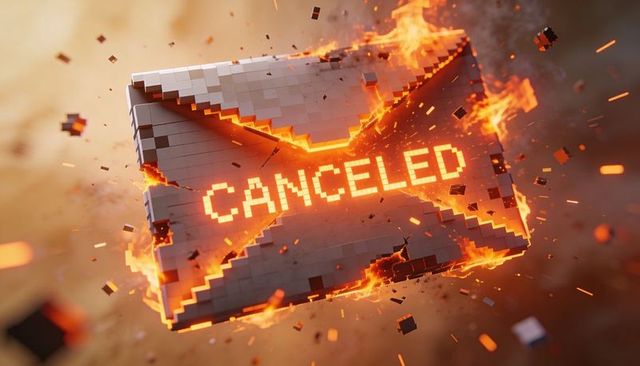 Exploding voxel envelope displaying glowing canceled text, burning pixels and debris
