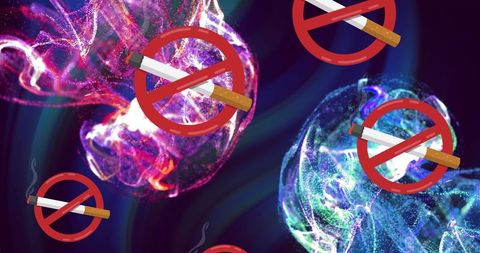 No smoking symbols amidst vibrant energy clouds for lung cancer awareness