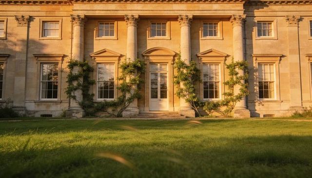 Sunlit neoclassical facade with columned portico, windows and climbing ivy on manicured lawn
