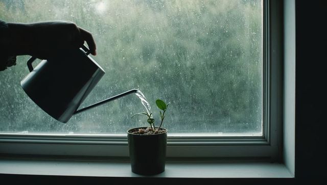 Pouring water with gooseneck kettle watering small potted plant on rainy windowsill