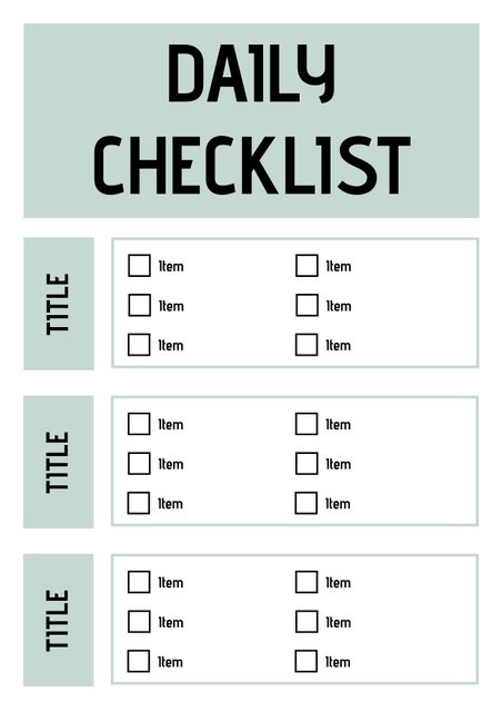 This customizable daily checklist template is used for organizing tasks and tracking daily activities. Each section allows for the specification of different tasks with adjacent tick boxes for marking them as complete. Ideal for personal use, business environments or academic settings to help individuals stay organized and productive. It can be printed or used digitally.