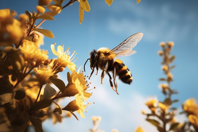 Honeybee hovering near yellow flowers under bright sunlight, collecting pollen for hive. Perfect for environmental campaigns, educational materials, agricultural research, and nature photography exhibits.
