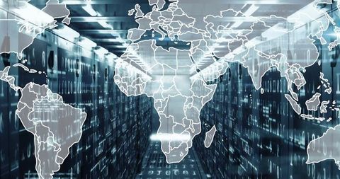 Technology Center with World Map Overlayed on Data Servers - Download Free Stock Images Pikwizard.com