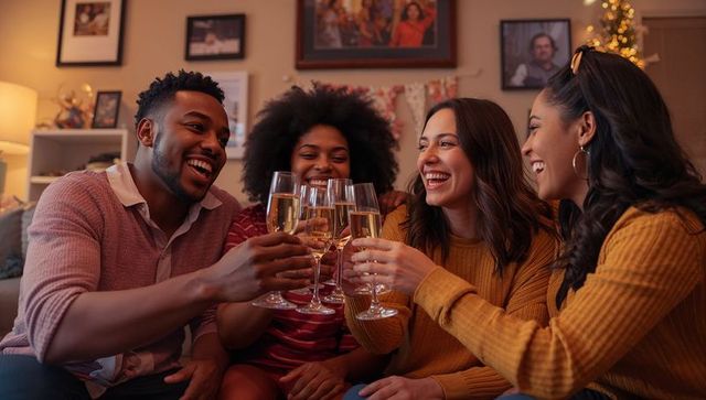 Diverse Friends Celebrating Holidays with Champagne and Joyful Cheer