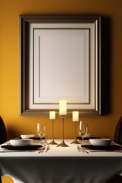 Dinner table with blank photoframe on wall with copy space, created using generative ai technology. House interior and photoframe concept digitally generated image.
