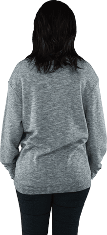 Rear view of woman in gray sweater standing, transparent background