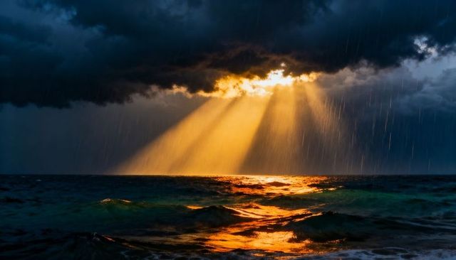 Golden sunbeams piercing storm clouds over turbulent ocean, dramatic crepuscular seascape