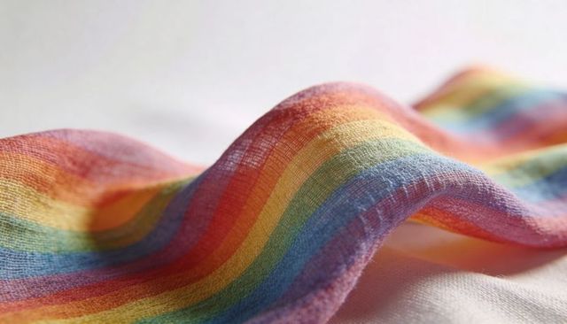 Macro close-up rainbow-striped ribbon curling over soft surface showing woven texture