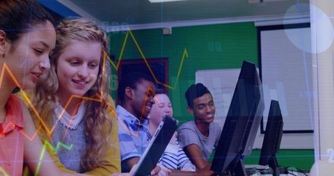 Students collaborating with tablet and desktop computers with digital data overlays