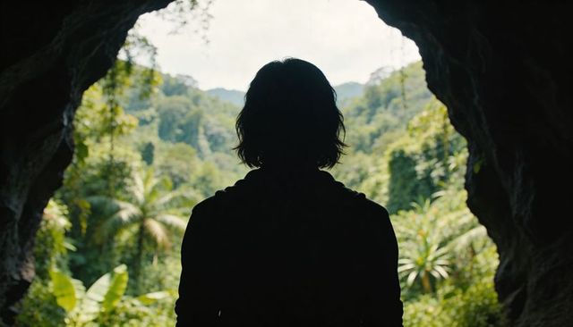 Silhouette explorer standing at cave entrance overlooking lush tropical jungle valley