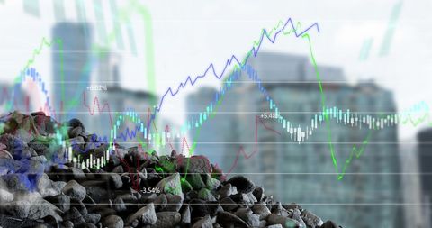 Financial data overlay on urban background showing growth trends