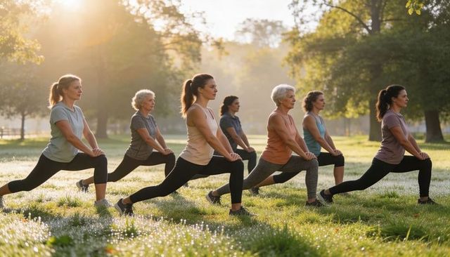 Women practicing lunges in dewy park at sunrise for outdoor morning fitness