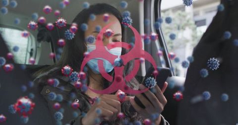 Masked Woman Using Smartphone in Car Igniting Pandemic Awareness