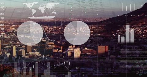 Digital financial data overlay on modern cityscape skyline