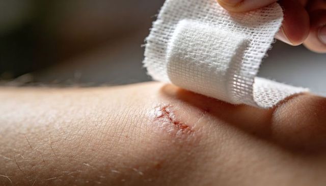 Cleaning sutured wound with sterile gauze on limb close-up showing stitches healing