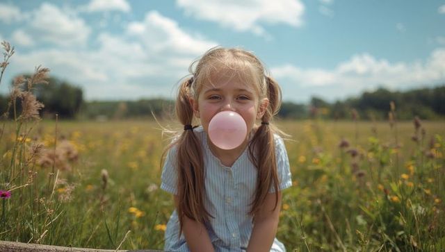 Child enjoying outdoor bliss blowing bubblegum in wildflower meadow