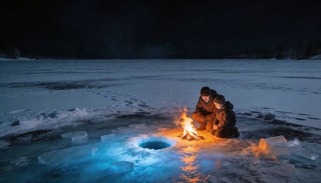 Parent and child tending fire beside glowing ice hole on frozen lake at night under northern sky